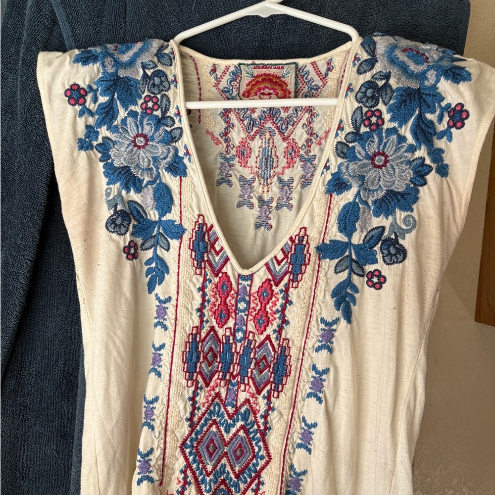 Johnny Was Embroidered Cream Tunic with Blue and Pink Accents